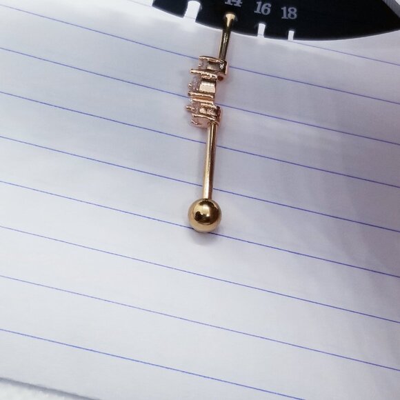 14g Gold Stainless 3 CZ 1 7/16 Industrial Barbell Earring B2877 - Picture 4 of 4